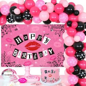 Mean Girls Theme Birthday Party Decorations Balloon Garland Kit with Mean Girls Backdrop, Lip Foil Balloon for Girls and Women Y2K Burn Book Early 2000s Birthday Decor