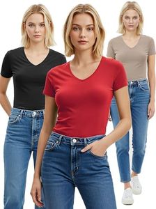 Emmalise Women's Short Sleeve T Shirt V Neck Tee Value Set (3Pk, Black, Khaki, Dark Red, 3XL)