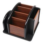 Coideal Large Remote Controls Holder, Rotating Wooden Caddy for Table, Spinning Office Supplies Desk Storage Organizer / Revolving Wood Pen Pencil Holder (6 Compartments, Brown & Black)