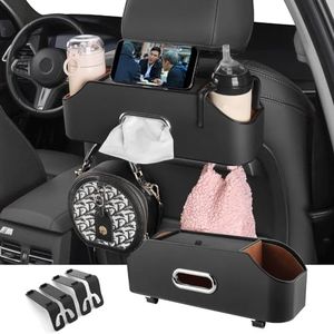 Car Headrest Holder 5-in-1 Backseat Organizer, Multifunctional Car Seat Back Storage Box with 2 Cup Holder, Universal Car Rear Tissue Holder Hanging Storage Containers for Drink Bottles and Bags