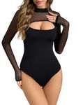 EVELIFE Women's Bodysuit Sexy Long Sleeve Cut out Top Ladies Sheer Mesh Turtle Neck Stretchy Basic Leotard(Black,M)