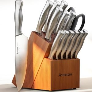 Astercook Knife Set for Kitchen with Block and Sharpener 15pcs Full Tang