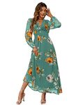 Simplee Women Boho Floral Maxi Dress Flowy Casual V Neck Short Sleeve Wedding Guest Holiday Beach Long Dress, 2#lake Green_long Sleeve, M
