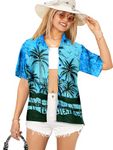 LA Leela Women's Blouse Button Down Sleeve Hawaiian Summer Shirts L Azure, Palm Tree