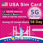 USA CANADA MEXICO Prepaid SIM Card |Unlimited 5G/4G Internet Data in USA (Hawaii included)+5GB Data in CA and MX|Unlimited Calls & Texts among US, CA and MX|Refillable(58 Days)