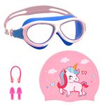 SLOVIC Pink Swimming Goggles & Pink Unicorn Printed Swimming Caps for Kids | Waterproof | Anti-Fog Glasses | Perfect Fit for Boys & Girl | Swimming Caps for Kids 6-14 | No Hair Pulling, Free Size Cap