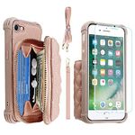 MONASAY Fit for iPhone 7/8/SE 2022/2020 PU Leather Zipper Wallet Case for Women,[Glass Screen Protector][RFID Blocking] Handbag Phone Cover with Card Holder & Crossbody Lanyard Strap,Rosegold