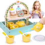 MINNOT Wooden Tea Party Set for Little Girls, Toddler Tea Set with Cupcake Stand,Teapot Tea Cup Dessert Toys Tea Set Pretend Accessories for Girls Christmas Birthday Gift