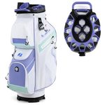 ULTIMATE 14-Way Golf Cart Bag, Golf Bag w/Molded Lock Top & Full Length Dividers, Portable Golf Club Bag w/11 Pockets, Cooler Bag, Padded Strap & Rain Hood for Men Women (White+Purple)