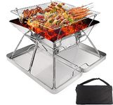 KAHEIGN Stainless Steel Fire Pit, Foldable BBQ Grill Rack Portable Campfire Pit Liftable Wood Burning Charcoal Grill for Camping Picnic Patio Backyard Garden - with Iron Box & Carrying Bag