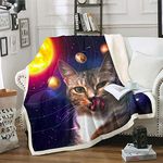 Interstellar and Animal Fleece Blanket,Pet Cat Galaxy Starry Sky Mystery Outer Space Bed Blanket,Cosmic Planet Throw Blanket,Single Size Plush Blanket for Kids Boys Girls Teens Children Teenager Child