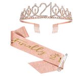 21st Birthday Sash and Crown for Girls, Finally 21 Birthday Sash and Rhinestone Tiara Set for Girls, 21st Birthday Gifts for Happy 21st Birthday Party Favor Supplies, Rose Gold, 3 Piece Set