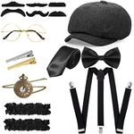 1920s Men Costume Accessories Set Roaring Retro Gangster Costume, Hat, Bow Tie, Pocket Watch, Suspender, Glasses, Beard, Armband Garters, Tie Clips (Cute Style, Gray)