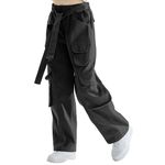 Rolanko Girls Baggy Cargo Trousers, Elastic High Waist Straight Wide Leg Streetwear Pants with Multi Pockets, Black, Size:140