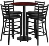 Flash Furniture Jamie 30'' Round Mahogany Laminate Table Set with Round Base and 4 Ladder Back Metal Barstools - Black Vinyl Seat