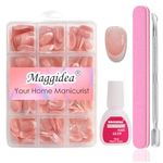 Maggidea French False Nails Kit, Short Round Press on Nails, 240 Pcs False Nails With Glue Fake Nail Pink Color Glossy Full Cover Glue on Nails Nail Art Manicure (French-Round)