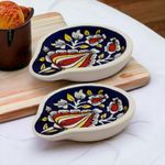 Malaikah Ceramic Spoon Rest Small Blue Hand-Painted, Ideal for Kitchen, Tableware, Cutlery Rest, Pack of 2