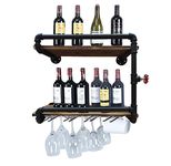 Industrial Wall Mounted Wine Racks with 4 Stem Glass Holder,24in Rustic Metal Hanging Wine Holder Glass Rack,2-Tiers Floating Bar Shelves Bottle Holder Storage Shelves,Wood Shelves Wall Shelf