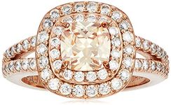 Rose Gold Plated Sterling Silver Cushion Cut Champaign Cubic Zirconia 6mm Double Halo Ring, Size 6