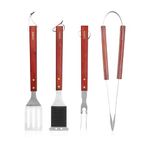 Tower T932000 4 Piece BBQ Tool Set with Red Maple Wood Handles, Spatula, Fork, Tongs & Cleaning Brush, Stainless Steel