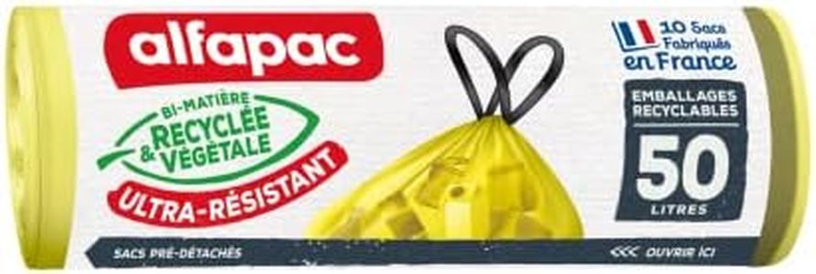 Alfapac - 10 sacs-poubelle 50L à lien coulissant ultra-résistant - tri des emballages - fabriqués en France - bi-matière recyclée & végétale, Vert