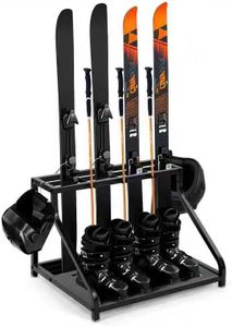 SILKPE Freestanding Snowboard Ski Storage Rack – Inclined Design, No Tipping Over, for 4 Pairs Ski, 2 Pairs Ski Boots, 2 Helmets, 3 Separate Ski Pole Fixed Buckles, for Garage, Shed, Basement, 180LB.
