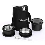 SOPL-OLIVEWARE Oliveware Boss Pro Lunch Box With Steel Spoon, Microwave Safe & Leak Proof, 3 Inner Steel Containers With Bpa Free Airtight Lids (290Ml, 450Ml, & 600Ml), Fabric Bag (Black)