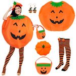 Dreamtop Pumpkin Costume Adult Pumpkin Outfit Adult Pumpkin Halloween Costume Pumpkin Fancy Dress with Pumpkin Candy Bag Stockings Earrings for Women Halloween Party