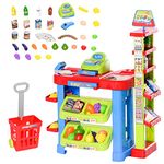 Qaba Supermarket Playset for Kids, 50 Grocery Store Toys, Pretend Play Toy with Food, Check-Out Counter, Scanner, Shelves