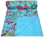 YUVANCRAFTS Indian Bird Print Kantha Quilt Twin Size Cotton Kantha Throw Kantha Bedspread Blanket Bed Cover Vintage Quilt Boho Kantha Quilts (Turquoise)