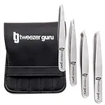 Tweezer Guru 4-Piece Stainless Steel Tweezers Set - Slant Tip and Pointed Eyebrow Tweezers Gift Set - Professional Precision for Facial Hair, Ingrown Hair, Splinter and Blackhead Removal (Silver)