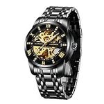 Men's Watch Black Luxury Mechanical Stainless Steel Skeleton Waterproof, Self-Winding Roman Numerals Diamond Dial Wrist Watch