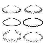 fenshine 6PCS Metal Hair Bands, Spring Wavy Hoop Unisex Black Headband Slicked Back Non Slip Sports Hairband for Women Men…