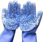 Silicone Dishwashing Gloves, Reusable Rubber Scrubbing Gloves for Dishes,Sponge Wash Cleaning Gloves with Scrubbers for Housework, Bathroom, Kitchen, Car, Pets. 1Pair (13.6" Large) (blue)