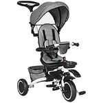 Aosom 6-in-1 Toddler Tricycle for 12-50 Months, Foldable Kids Trike with Adjustable Seat and Push Handle, Safety Harness, Removable Canopy, Footrest, Grey