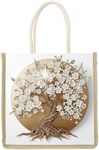 DIY Diamond Painting Canvas Tote Bag with Blooming Tree and White Flowers, Crystal Diamond Art Handbag for Adults, Reusable Hand Storage Bag with Handles, Portable Storage Bag for Woman Man