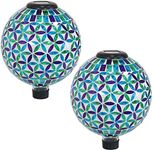 Sunnydaze 10-Inch Glass Mosaic Gazing Globe with Solar Light - Blue Cool Blooms Design - Set of 2