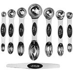 Magnetic Measuring Spoons Set of 8 | Stainless Steel Dual Sided Measure Kitchen Teaspoons and Tablespoon with Leveller | Weighing Dry and Liquid Ingredients for Cooking, Baking (Silver)