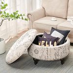 Nathaniel Home Upholstered 30" Round Storage Button Tufted Ottoman with Removable Lid, Bench with Wood Legs, Beige,19023-FI