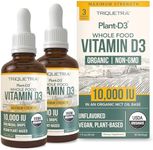 Organic Vitamin D3 10,000 IU - Plant D3, Vegan, Max Strength Sublingual Liquid D3 Drops - 200% Higher Absorption, 100% Plant-Based Cholecalciferol Form & Vegan D3, Adjustable Dosing (1oz - 2 Pack)