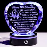 YWHL 10th Wedding Anniversary Crystal Heart Gifts for Couples with LED Base, Laser Engraved Happy 10th Anniversary Keepsake Gift for Wife Husband, Romantic 10 Years of Marriage Gifts for Her Him