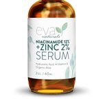 12% Niacinamide Serum for Face + Zinc (60 ml) Vitamin B3, 2% Zinc and Hyaluronic Acid Serum Known to Even Skin Tone, Shrink Pores, Pump Fine Lines, Reduce Oil, and Hydrate by Eva Naturals