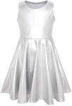 LUCKYGAL Girls Metallic Dresses Sparkly Shiny Party Twirl Dress Sleeveless Outfits, Silver, 10-13 Years