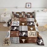 Manfei Western Cowboy Comforter Set Twin Size, Bull Skull Horse Arrow Print Quilt Set with 1 Pillowcase, Geometric Grid Brown Plaid Print Bedding Set 2pcs for Kids Boys Teens Bedroom Decor