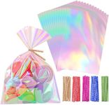 150pcs Iridescent Cellophane Treat Bags With Ties, 5x7 Inch Holographic Cellophane Gift Bags for Candy Cookies Goodie Party Favors Valentines Gifts