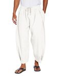 COOFANDY Men's Cotton Linen Harem Pants Drawstring Casual Cropped Trousers Lightweight Loose Beach Yoga Pants with Pockets White