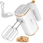 LINKChef Anti-Splash Hand Mixer Electric Whisk with Storage, 5 Speed White Electric Hand Whisk for Baking, 450W, Hand Held Food Mixer with Beaters and Dough Hooks, Eject Mode, Turbo Boost