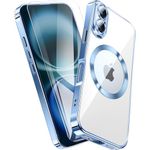 QiiStar Clear Titanium for iPhone 16 Plus Case,iPhone 16+ Phone Cover with Screen Protector [Compatible with MagSafe][Full Camera Cover Protection] Metallic Glossy Luxury Soft TPU Case,Blue