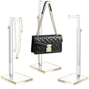 Jolboldy 3 Pack Acrylic Purse Display Stands, Clear Adjustable Height Handbag Display Stand Holder, Durable Purse Rack Stand for Closet Retail, Gold Trim Hanging Bag Wallet Jewelry Necklace Organize