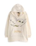 Harry Potter Girls Wearable Blanket Hoodie | Kids Hooded Fleece Pullover in Beige | Hedwig Owl Embroidered Sherpa Lined Loungewear with Pockets for Children | Wizard Movie Merchandise Gift